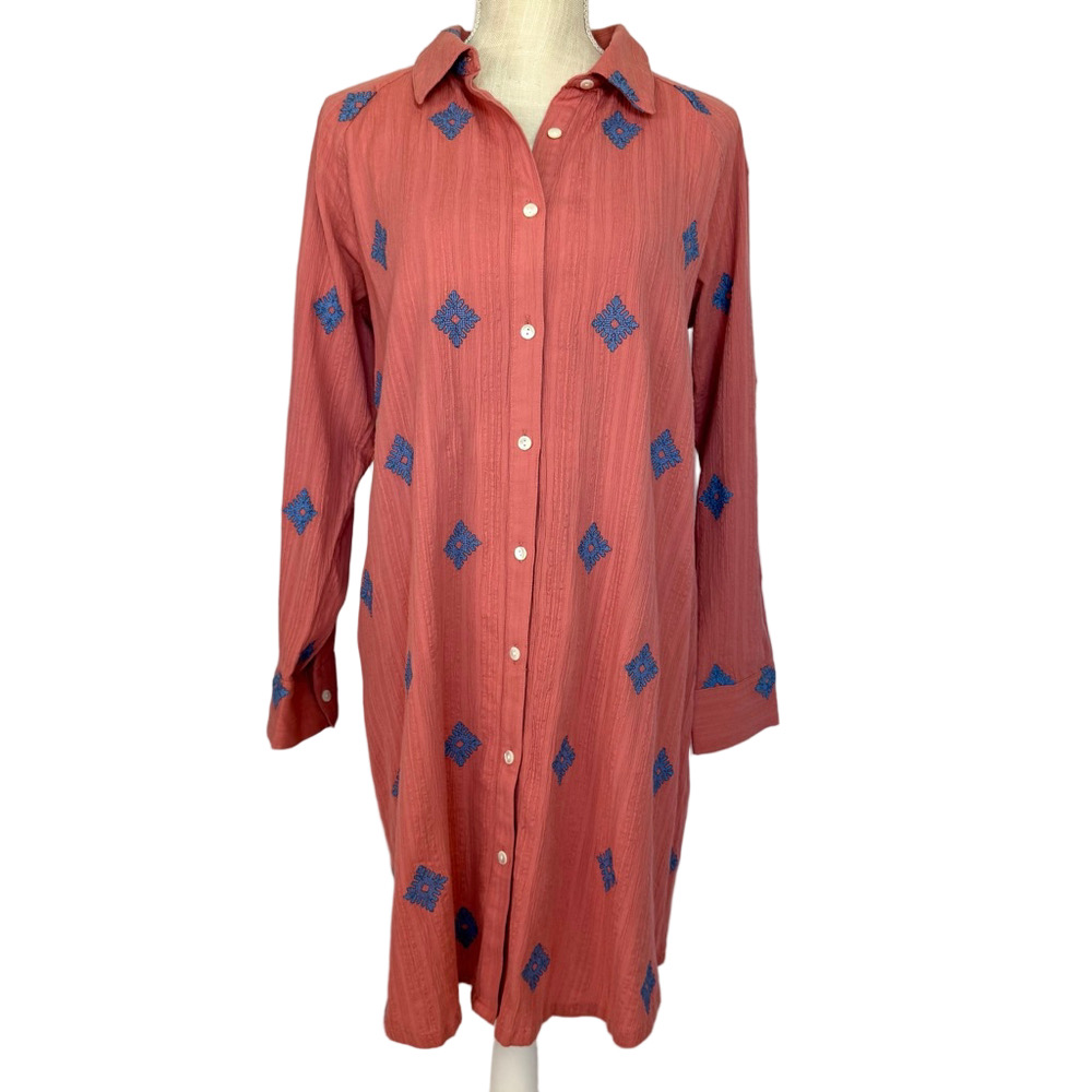 NWT Pure Jill Embroidered Shirtdress Women's Medium Petite Coral